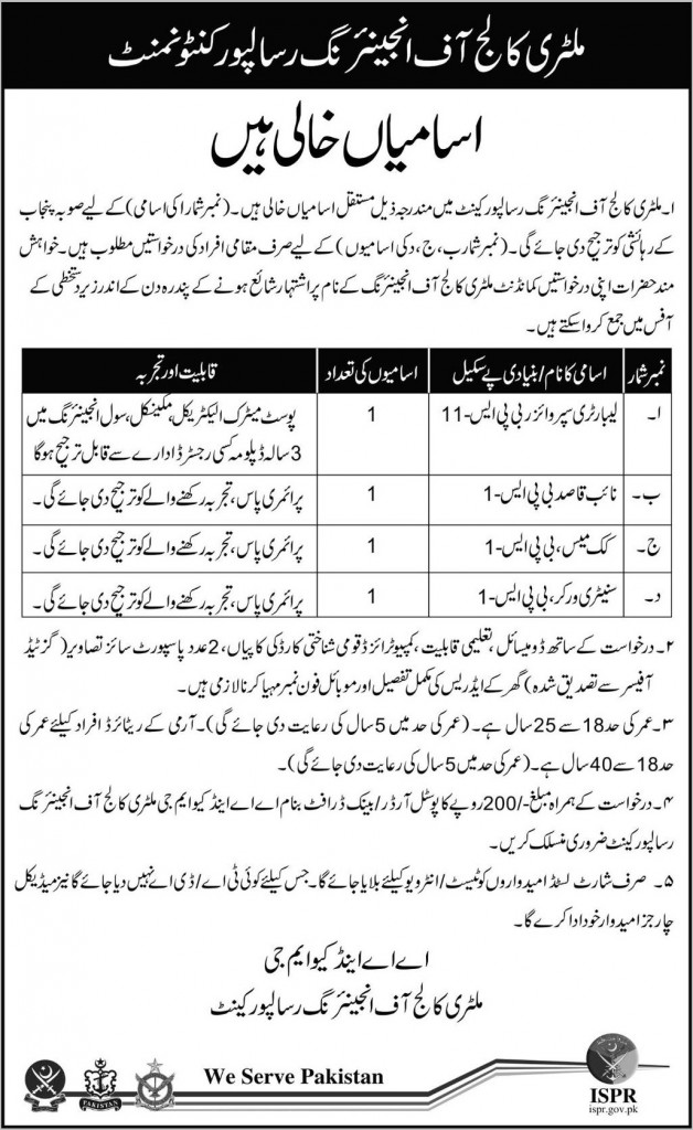 Laborty Supervisor, Cook, and Worker job in Military College of Engineering Risalopur