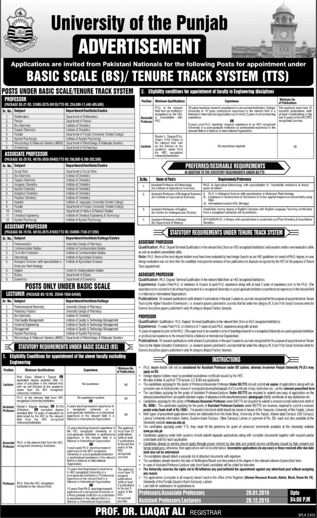 Professor, Associate Professor, Assitant and Lecturer Jobs in University of Punjab