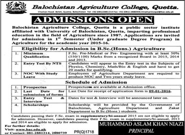 Admission in Balochistan Agriculture COllege Quetta 16 Dec 2015