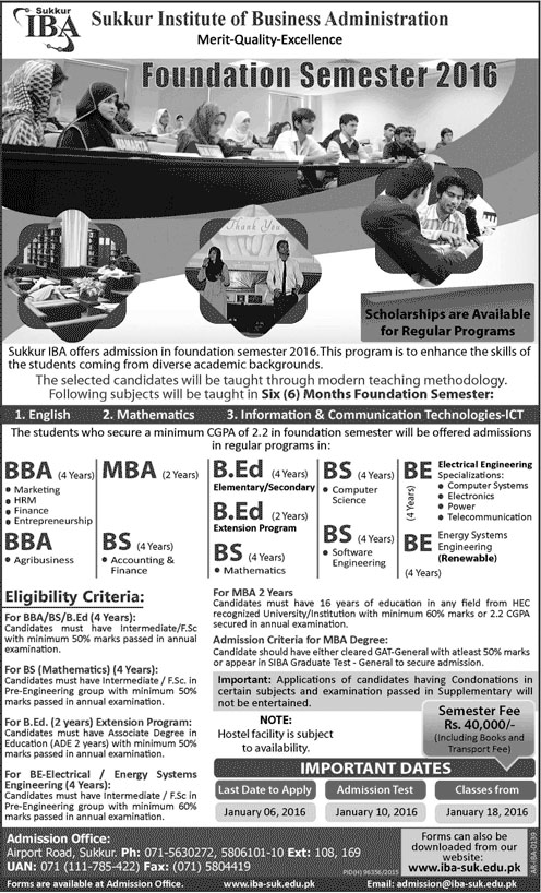 Admission in IBA Sukkur 14 Dec 2015