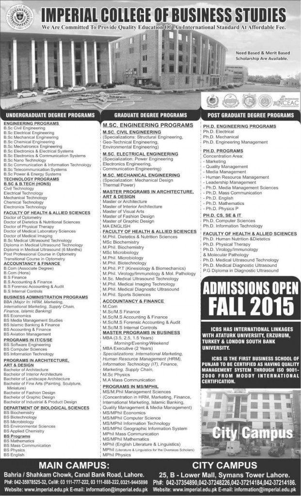Admission in Imperial College of Business Studies 07 Dec 2015