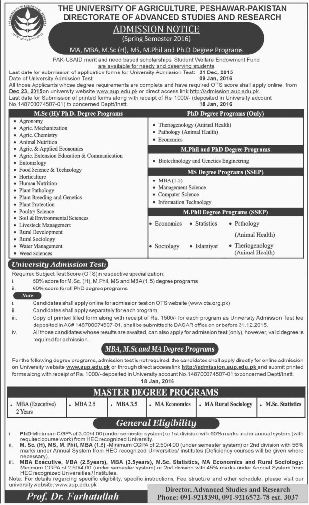 Admission in University of Agriculture Peshawar