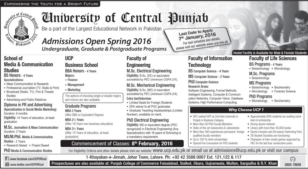 Admissions in University of Central Punjab
