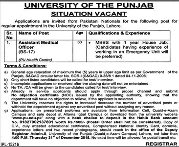 Assistant Medical Officer Job in University of The Punjab 16 Dec 2015