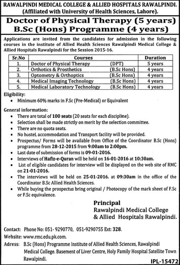 B.Sc Hons Admissions in Rawalpindi Medical College & Allied Hospitals