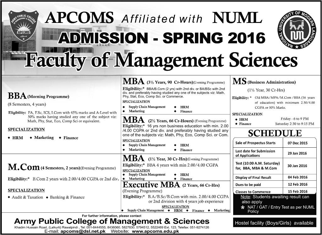 BBA MBA and MS Admissions in Army Public College of Management Sciences