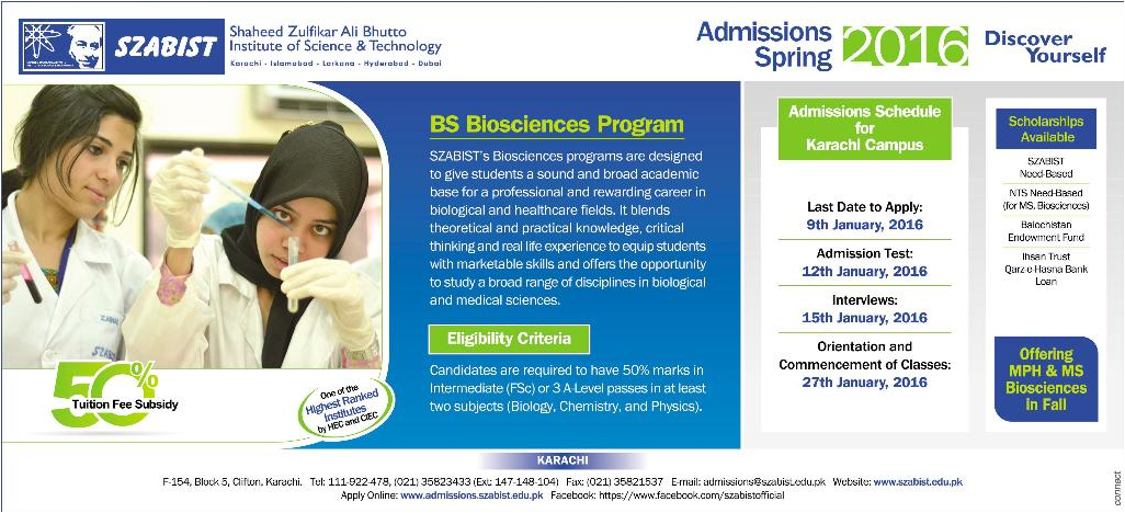 BS Bio sciences Admissions in Shaheed Zulfikar Ali Bhutto Institute of Science and Technology