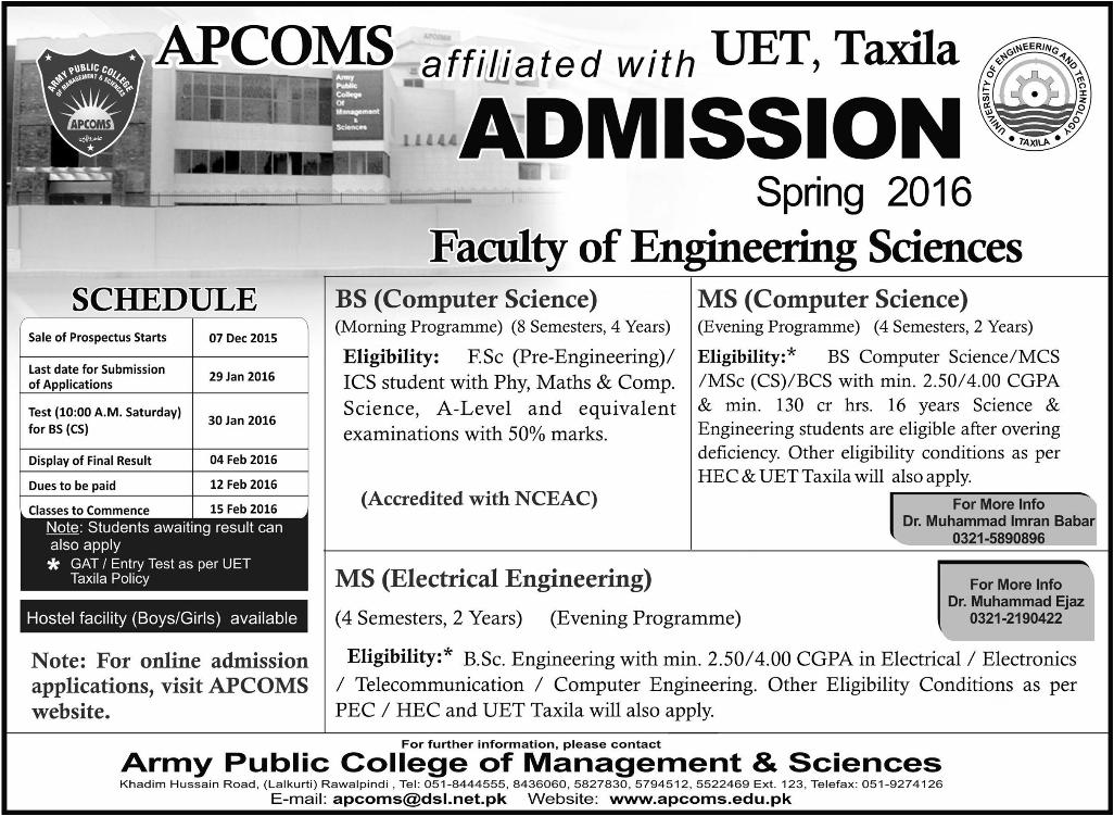 BS MS Admissions in APCOMS Army Public College of Management Sciences