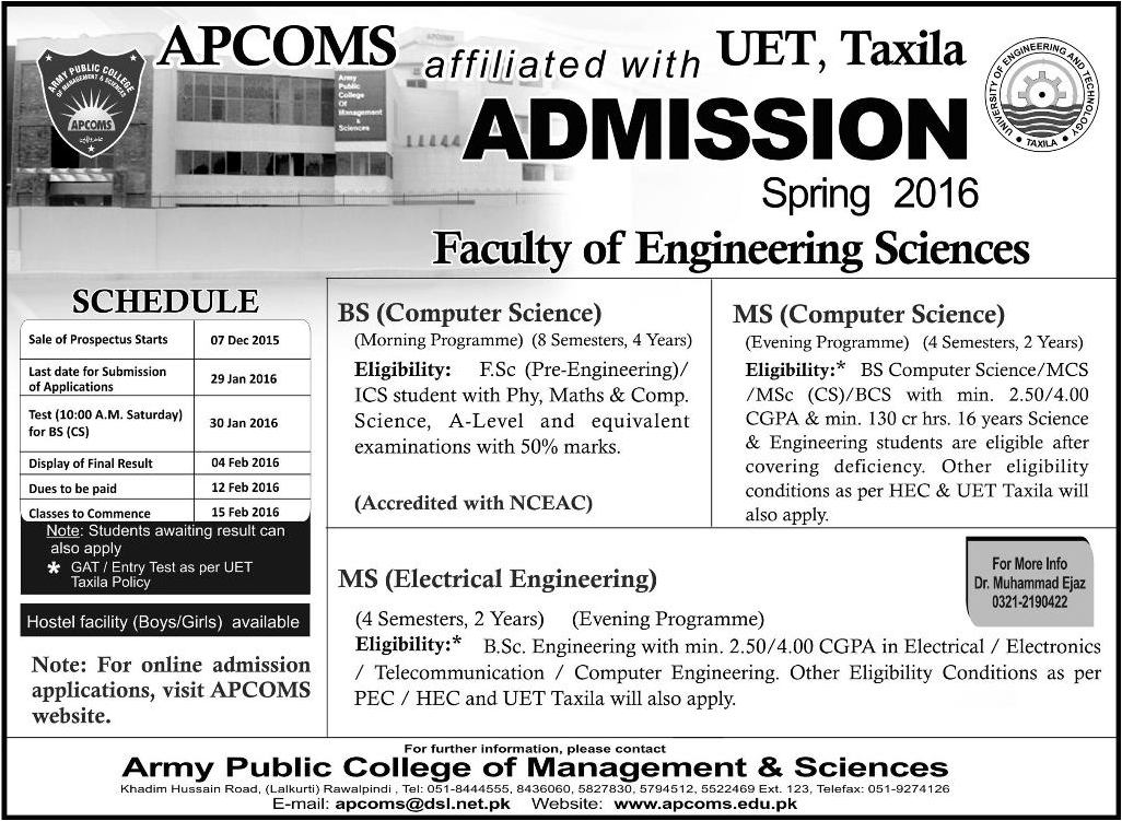 BS and MS Admissions in APCOMS Army Public College of Engineering Sciences