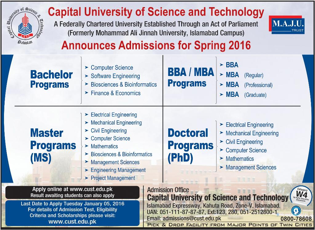 Bacelor BBA MBA & MS Admissions in Capital University of Science and Technology