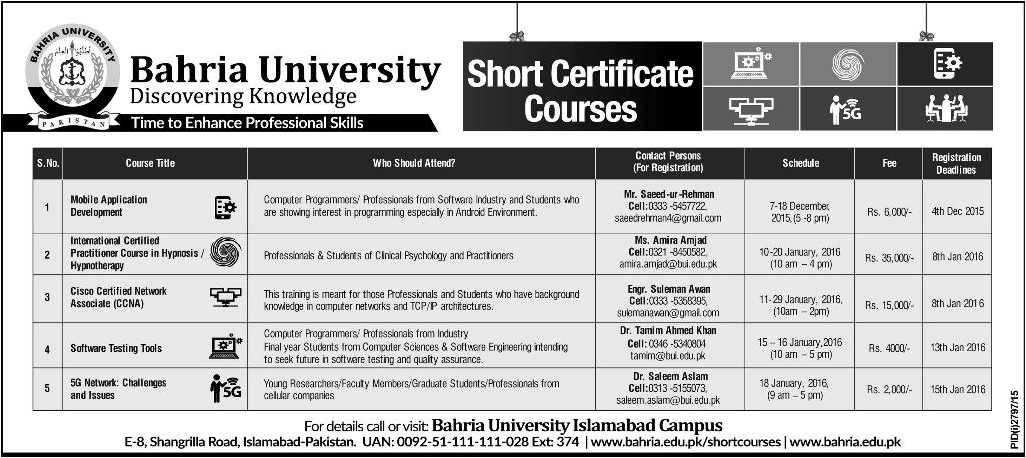 Admissions in Bahria University Islamabad Professional Courses