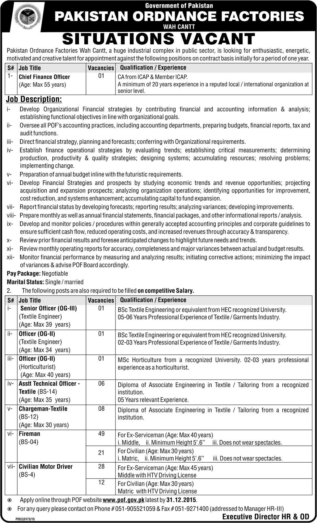 Cheif Finance Senior and Assistant Officer Jobs in Pakistan Ordnance Factories Wah Cantt