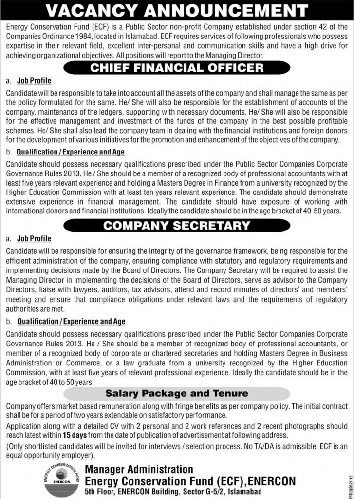 Chief Financial Officer and Secretary Jobs in ECF 03 Dec 2015