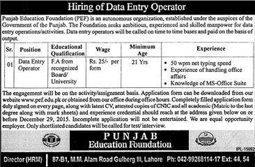DEO Jobs in Punjab Education Foundation 14 Dec 2015