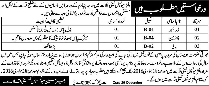 Driver, Fireman and Mali Jobs in Municipal Committee Kalat
