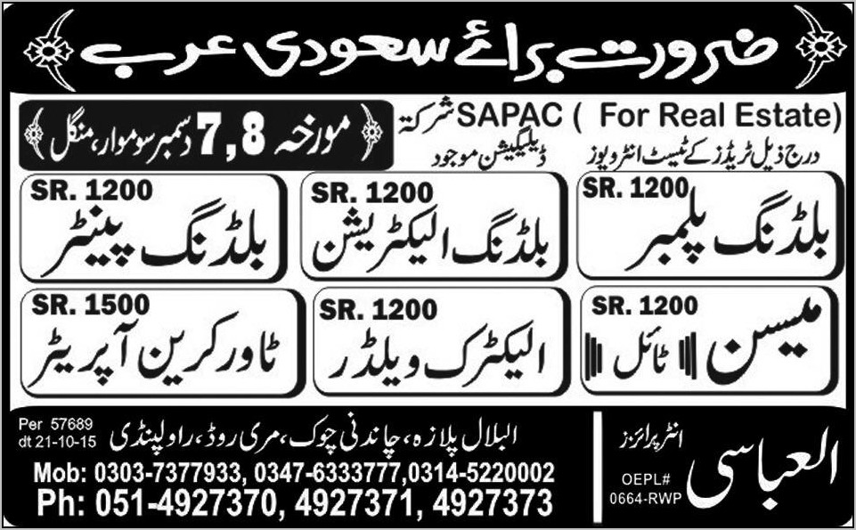 Electrician, Meson, Welder, Operator and Other Job in Saudi Arab 02 Dec 2015