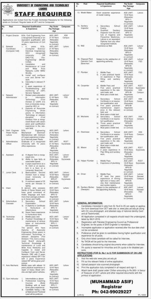 Faculty and Other Jobs in University of Engineering and Technology Lahore