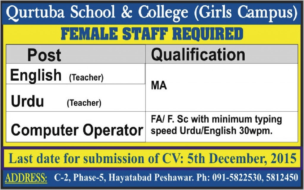 Female Teachers Jobs in Qurtuba School & College