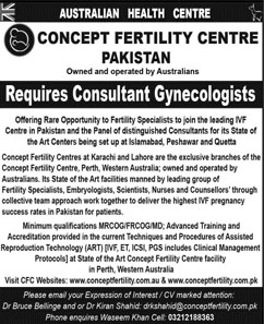 Gynecologists Jobs in Concept Fertility Centre Pakistan