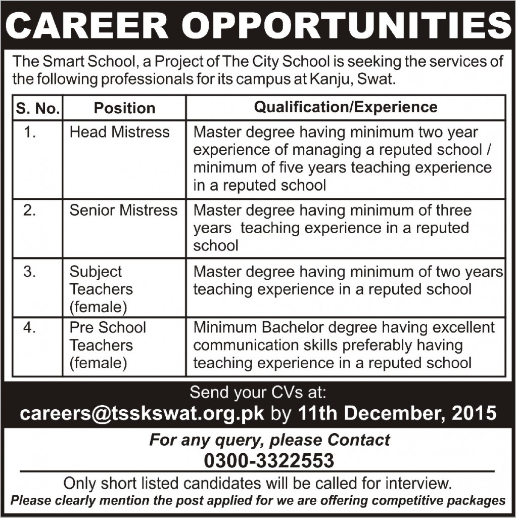 Head Senior Mistress & Teachers Jobs in The Smart School