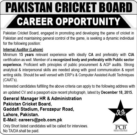 Internal Auditor Job in Pakistan Cricket Board 04 Dec 2015