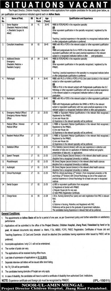 Jobs in Children Hospital Faisalabad 10 Dec 2015