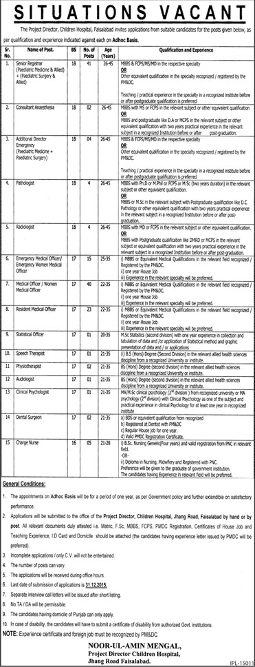 Jobs in Children Hospital Faisalabad 12 Dec 2015