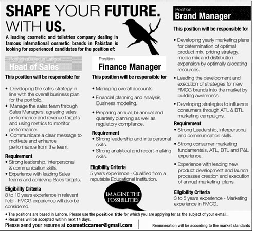 Jobs in Cosmetic and Toiletries Company 13 Dec 2015