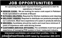 Jobs in Food Chain, Cook, Helper, Riders, Drivers and CSO 13 Dec 2015