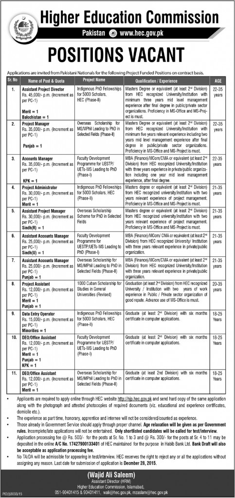 Jobs in Higher Education Commission, Directors, Managers, Assistant and DEO 12 Dec 2015