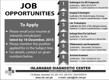 Jobs in Islamabad Diagnostic Center 13 Dec 2015