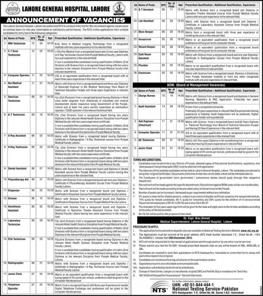 Jobs in Lahore General Hospital, Technician, Computer Operator and Other 02 Dec 2015