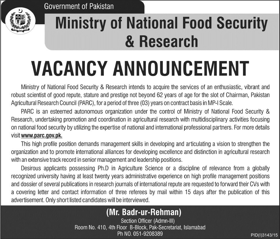 Jobs in Ministry of National Food Security & Research