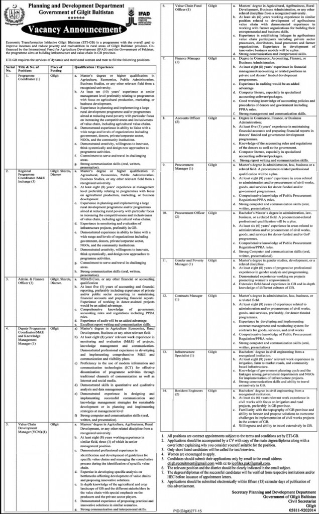 Jobs in Planning and Development Department Govt of Gilgit Baltistan 10 Dec 2015