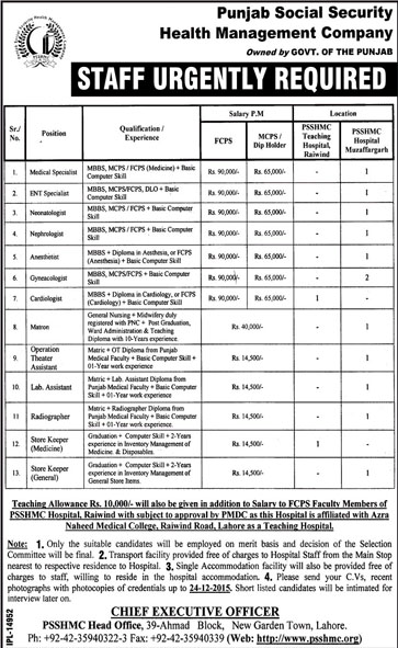 Jobs in Punjab Social Security Health Management Company 12 Dec 2015