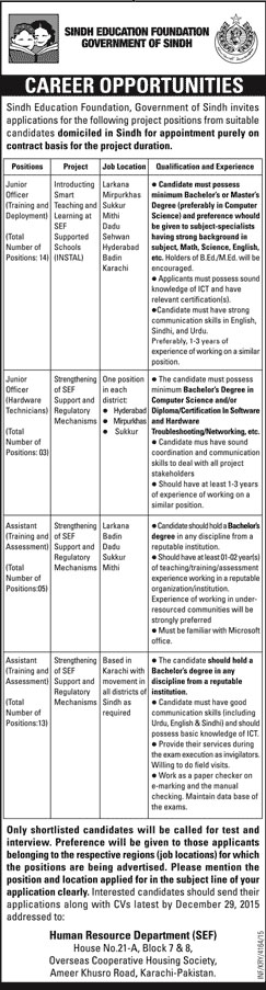 Jobs in Sindh Education Foundation Govt of Sindh 15 Dec 2015