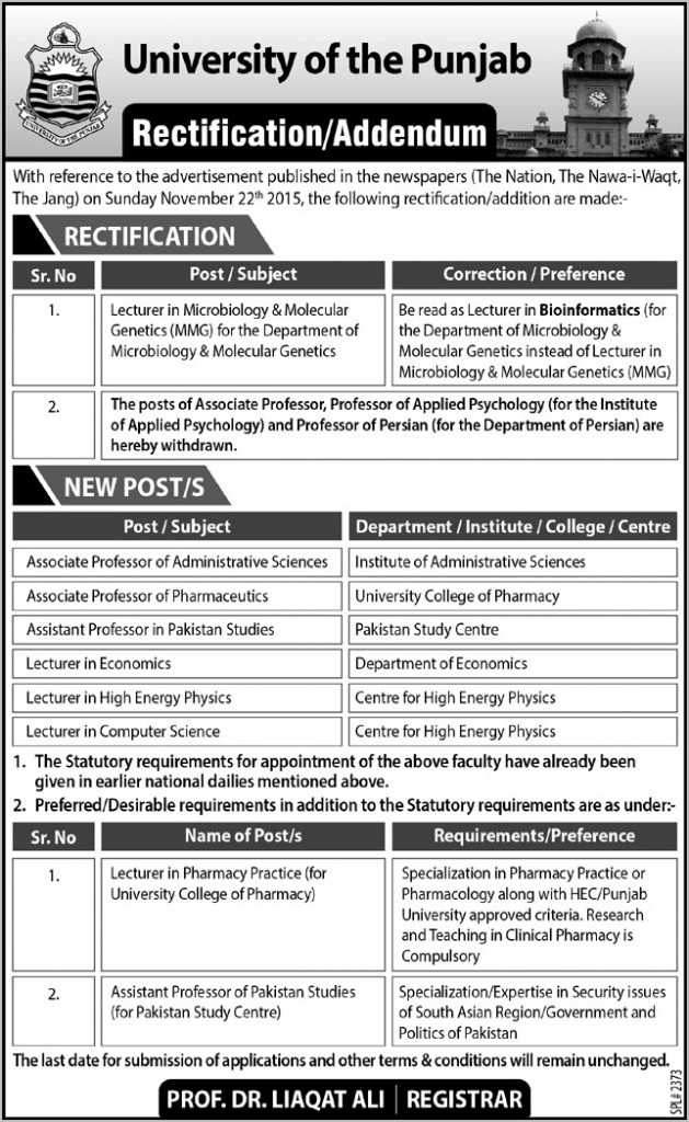 Lecturer and Associate Professor Jobs in University of the Punjab 02 Dec 2015