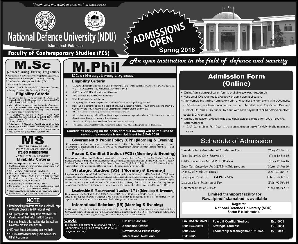 M.Sc M.Phill Admissions in National Defence University