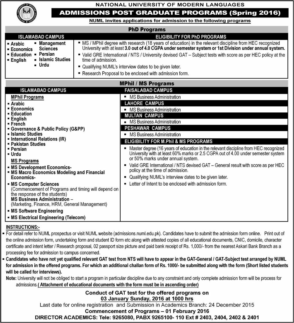 MS PhD & MPhill Admissions in National University of Modern Languages