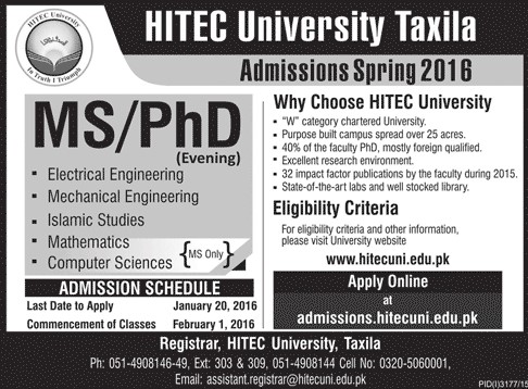 MS and PhD Admissions in HITEC University Taxila
