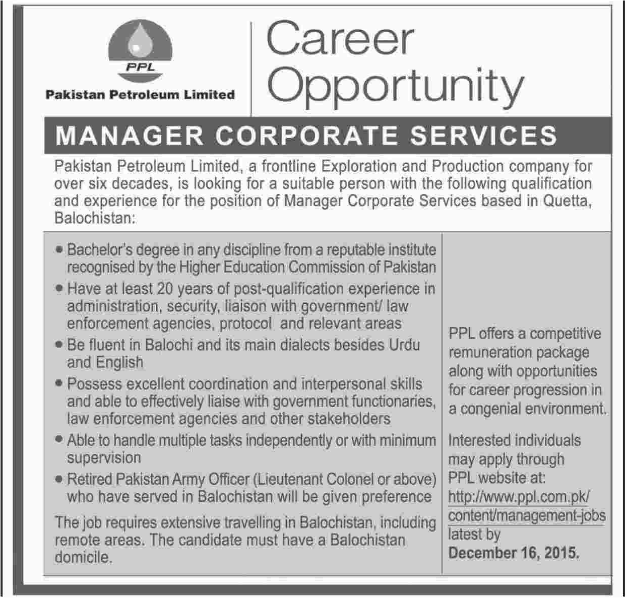 Manager Corporate Services Jobs in Pakistan Petroleum Limited