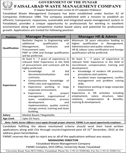 Manager Jobs in Faislabad Waste Management Company 17 Dec 2015