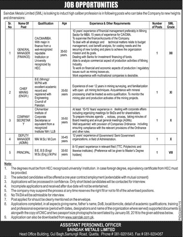 Manager, Secretary Jobs in Saindak Metals Limited 17 Dec 2015