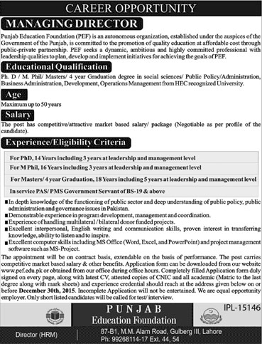 Managing Director Job in Punjab Education Foundation 16 Dec 2015