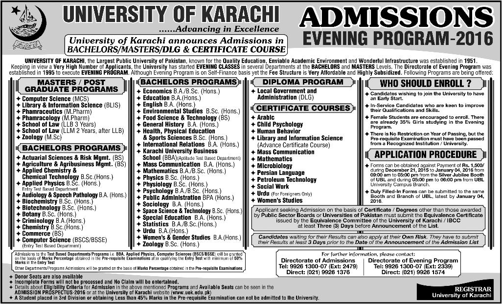 Masters Bachelors and Diploma Program Admissions in University of Karachi