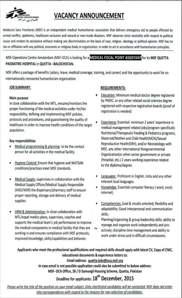 Medical Focal Point Assistant in MSF Quetta Paediatric Hospital 08 Dec 2015