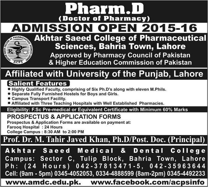 Pharm.D (Doctor of Pharmacy) Admissions in Akhtar Saeed College of Pharmaceutical Science