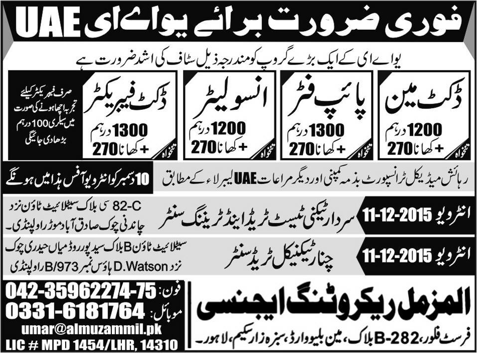 Pipe Fitter, Insulator, Fabricator Jobs in UAE 10 Dec 2015