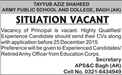 Principal Job in Tayyub Aziz Shaheed Army Public School and College 05 Dec 2015