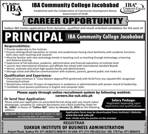 Principal Jobs in IBA Community College Jacobabad